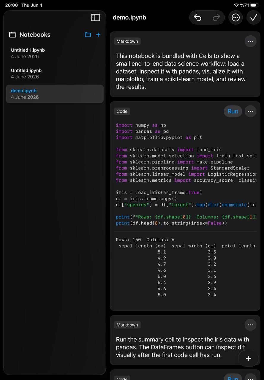 Cells notebook screen running Python data analysis locally on an iPad.