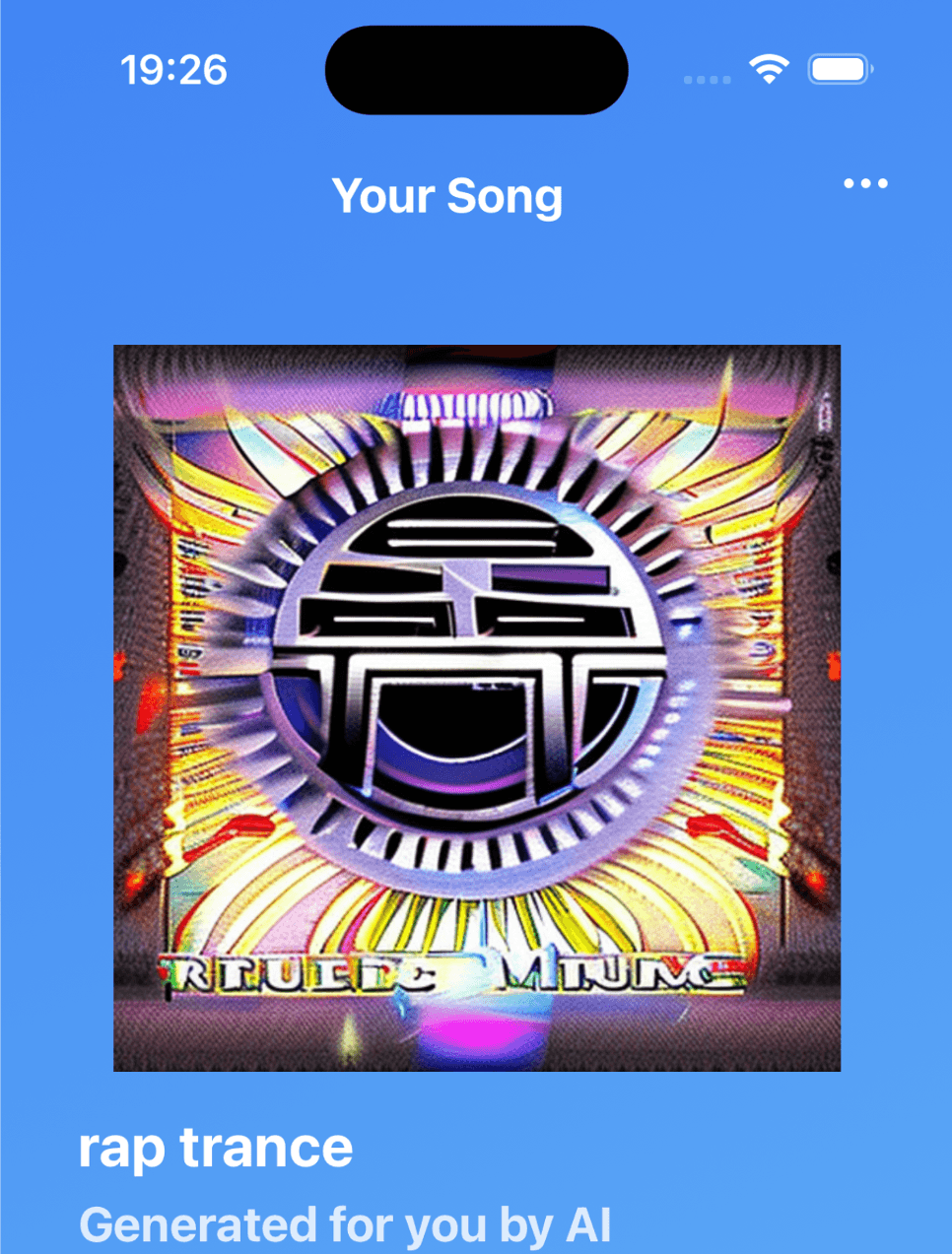 AI Music Generator result screen showing a generated rap trance track.